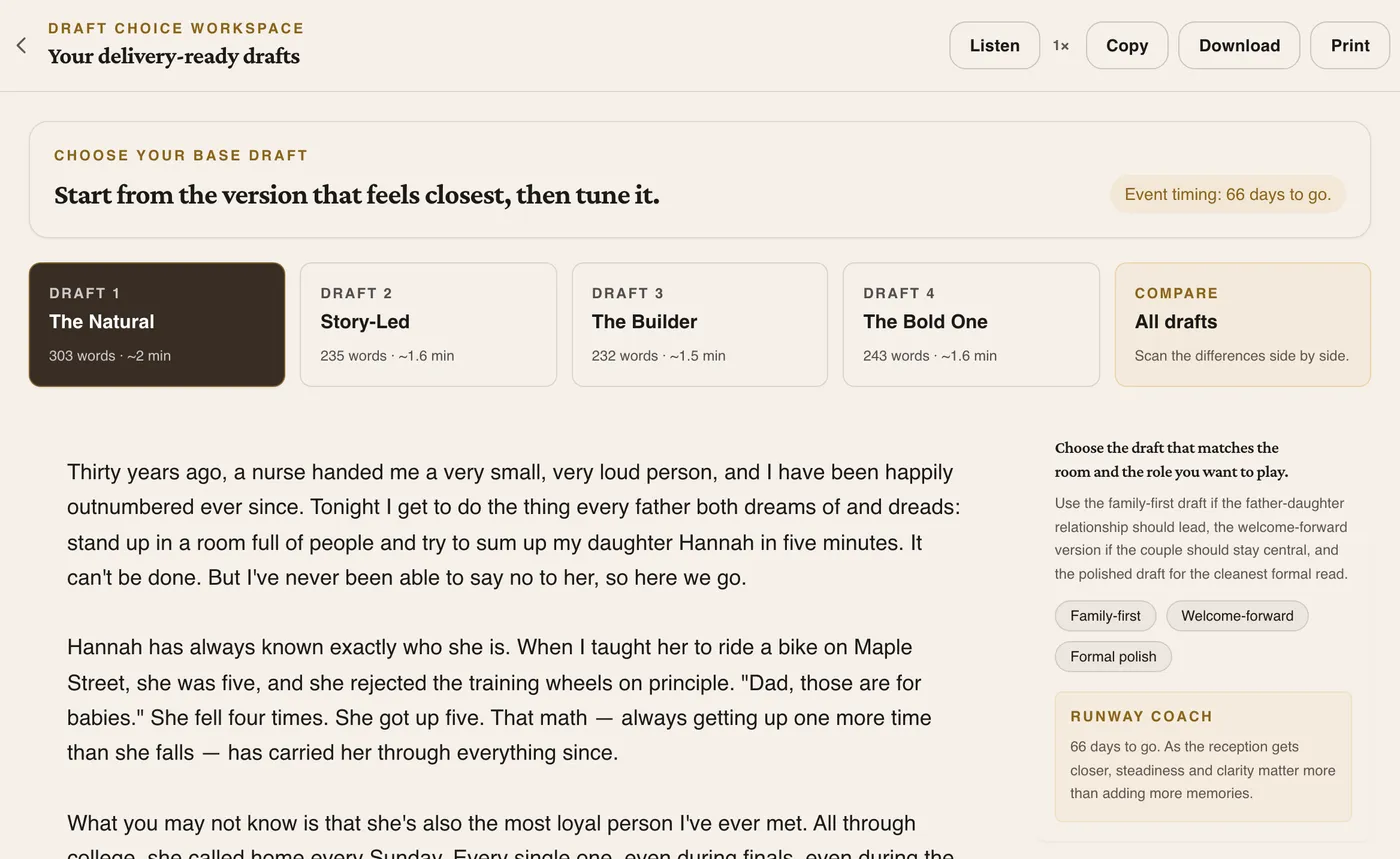 Screenshot of the draft editor showing four father of the bride speech drafts in tabs, an editable draft about his daughter, and a delivery coach sidebar